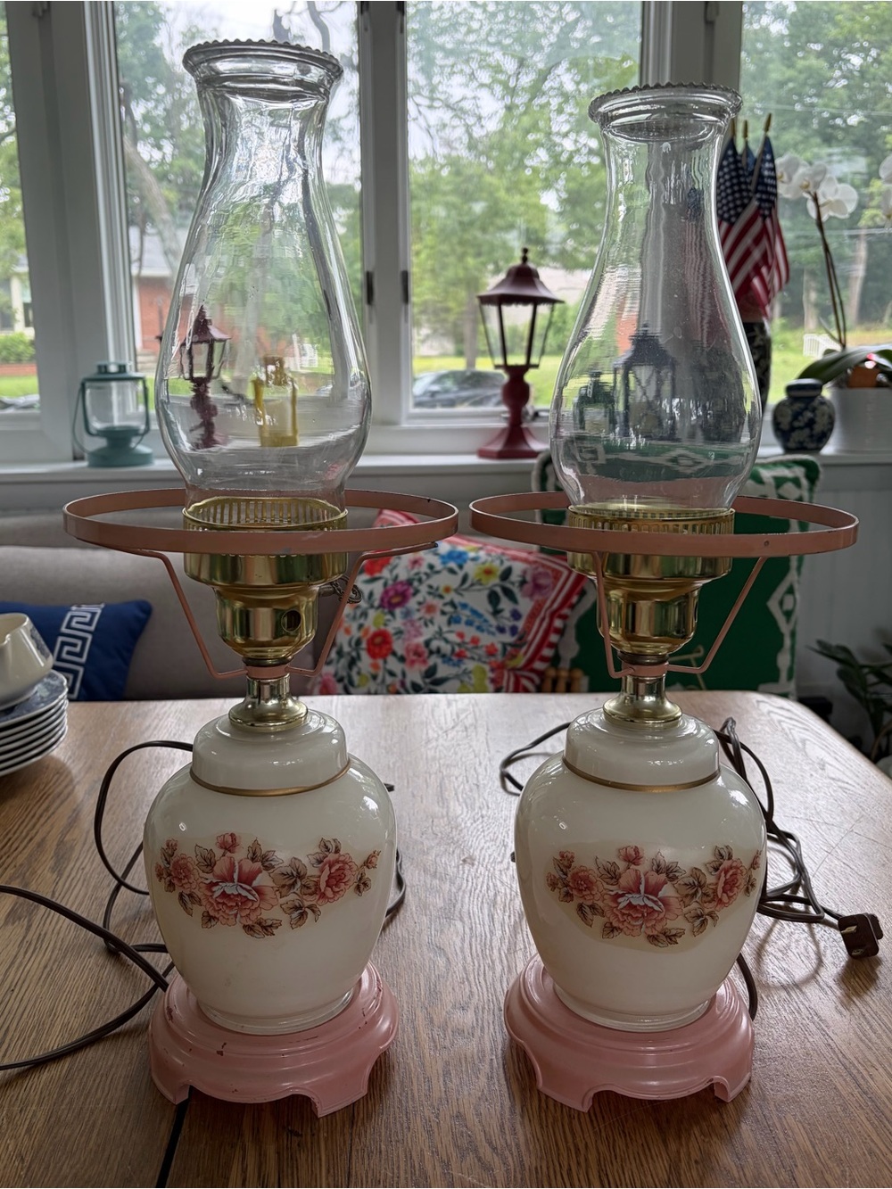 Source Unknown Pink and Cream Floral Glass Lantern Lamps, Pair